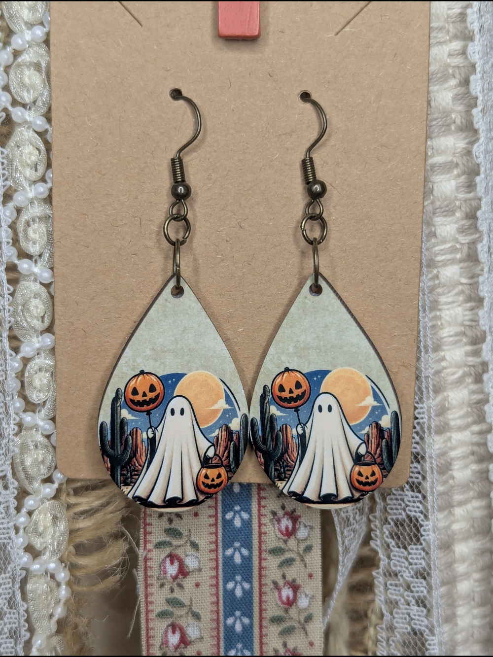 Retro Western Dessert Ghost & Jack-O'-Lantern Teardrop Earrings